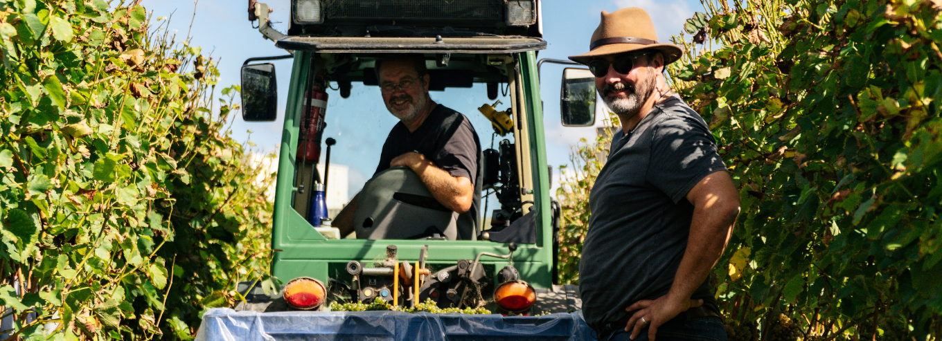 Two men with a tractor at Decibel Wines vineyard